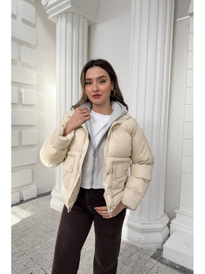 Ekru Kapşonlu Şişme Mont 2148-EKRU