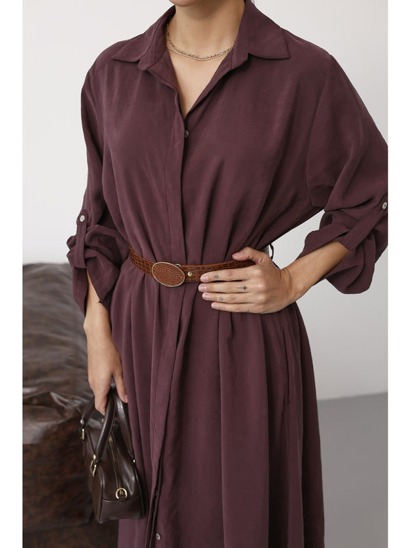 Mürdüm Tensel Kemerli Gömlek Elbise EYY3270-Mürdüm