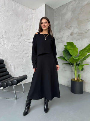 Siyah Bluzlu Elbise İkili Takım 7634-Siyah