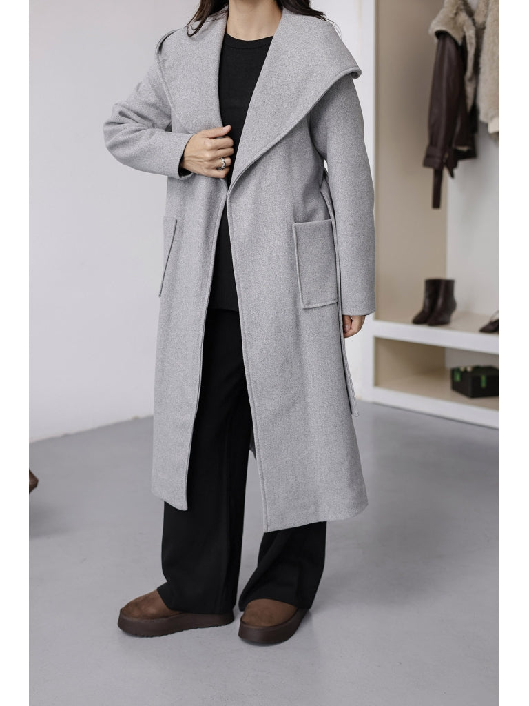 Gri Kapşonlu Kaşe Kaban 2610-Gri