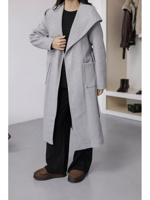 Gri Kapşonlu Kaşe Kaban 2610-Gri