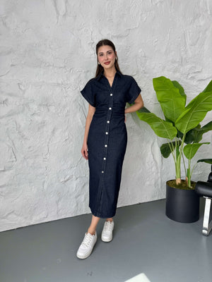 Lacivert Düşük Kol Drapeli Denim Elbise 258198-LACİVERT