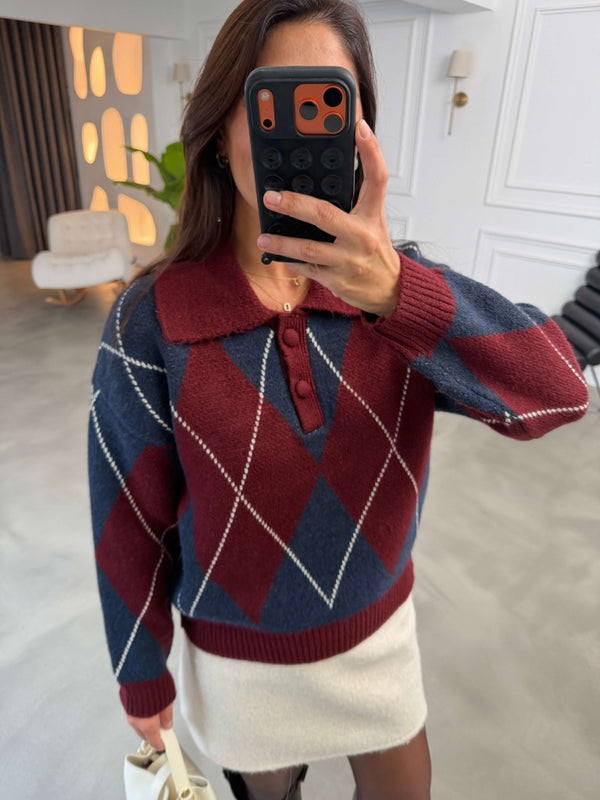 Bordo Baklava Desenli Polo Yaka Triko Kazak 002725-Bordo