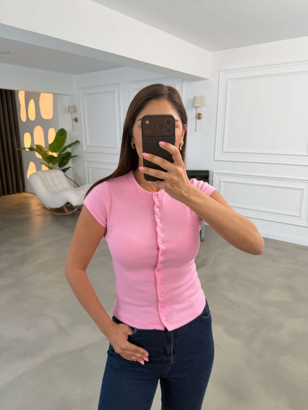 Pembe Fitilli Likralı Bluz 10905-Pembe