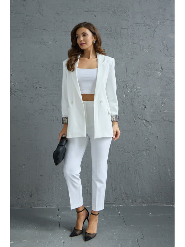 Beyaz Leopar Kol Katlamalı Blazer Ceket