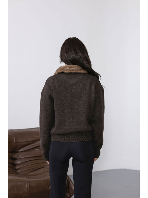 Kahverengi Peluş Yaka Fermuarlı Triko Hırka EY2557-Kahverengi