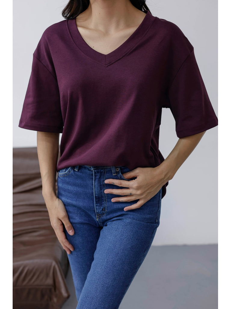 Mürdüm Orj Marka V Yaka Tshirt 6598-Mürdüm