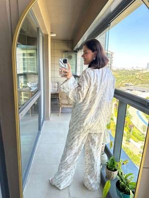 Taş Desenli Saten Kimono Takım