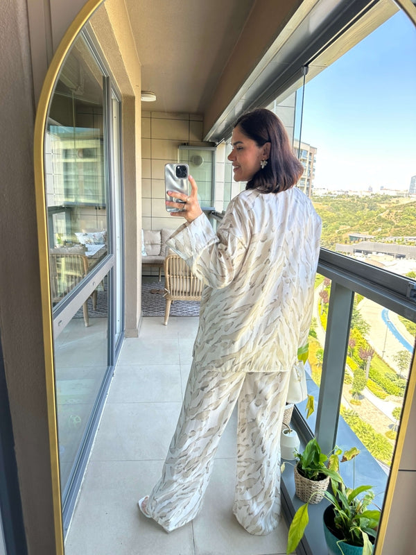 Taş Desenli Saten Kimono Takım