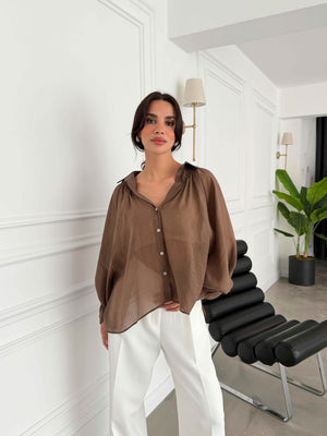 Kahverengi Yakası Lastikli Tencel Gömlek 5018-Kahverengi