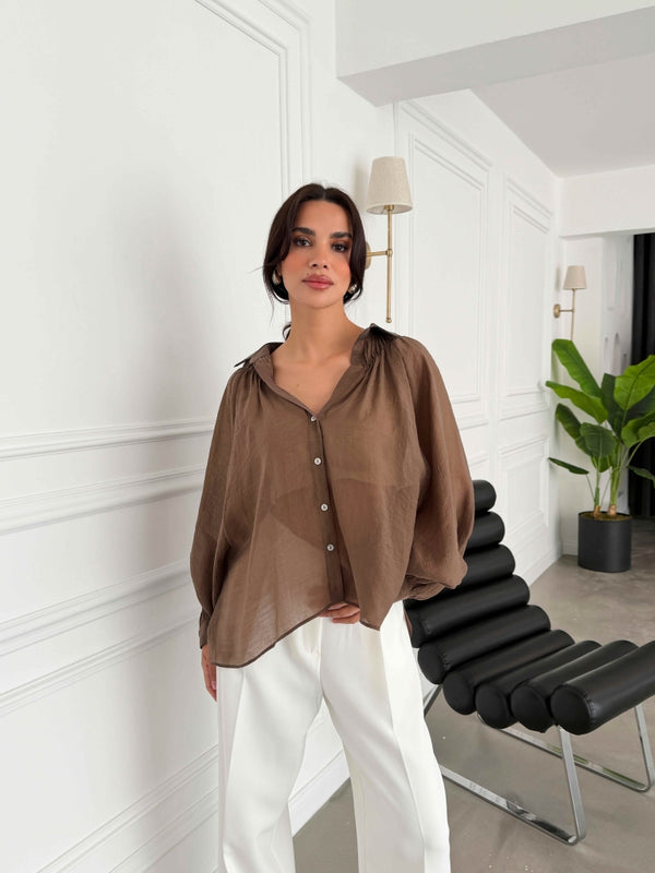 Kahverengi Yakası Lastikli Tencel Gömlek 5018-Kahverengi