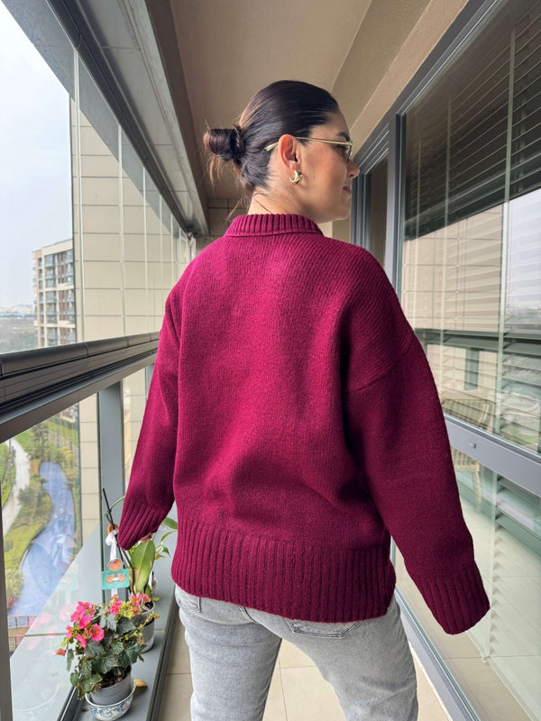 Bordo V Yaka Oversize Kazak