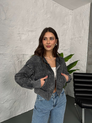 Yıkamalı Fermuarlı Crop Sweat