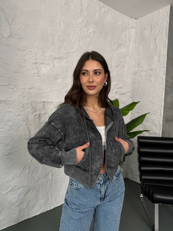 Yıkamalı Fermuarlı Crop Sweat