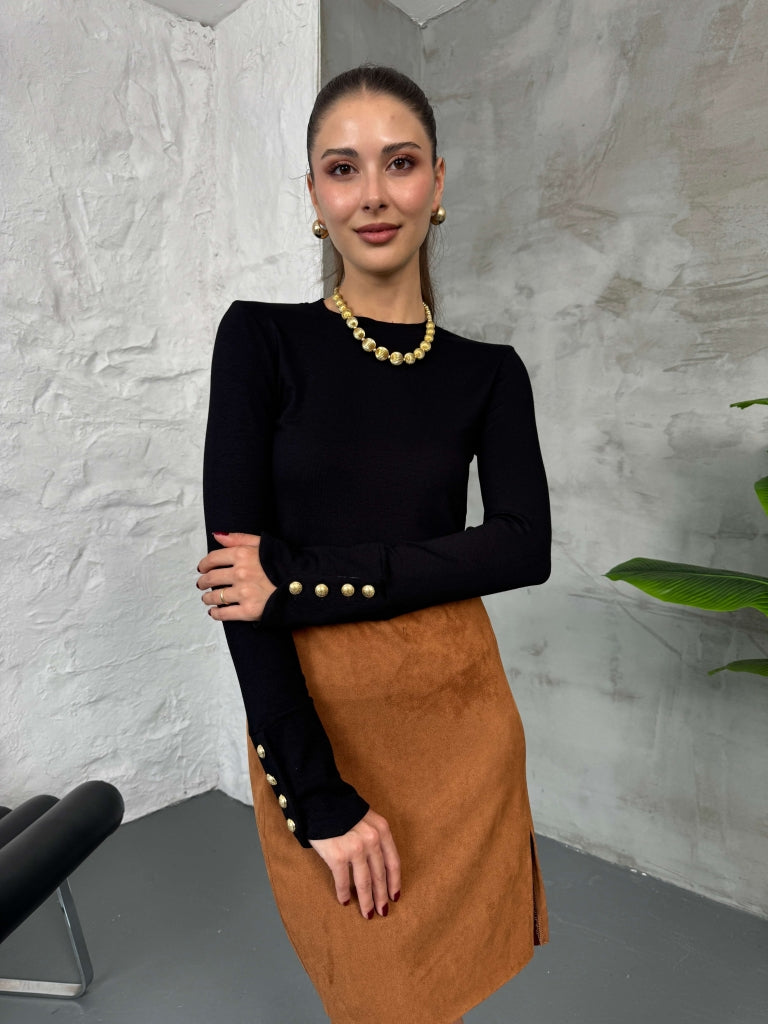 Siyah Kolları Gold Düğmeli Body