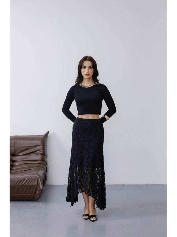 Siyah Asimetrik Dantel Etek 7200-Siyah