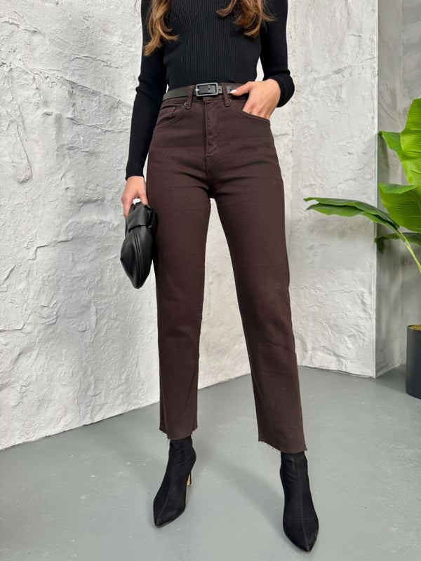 Kahverengi Boy Fit Kesik Paça Orj Jean 2402-Kahverengi
