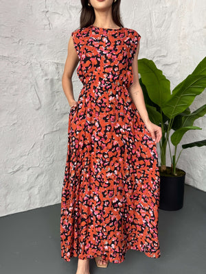 Orange Çiçekli Belden Bağlamalı Maxi Elbise