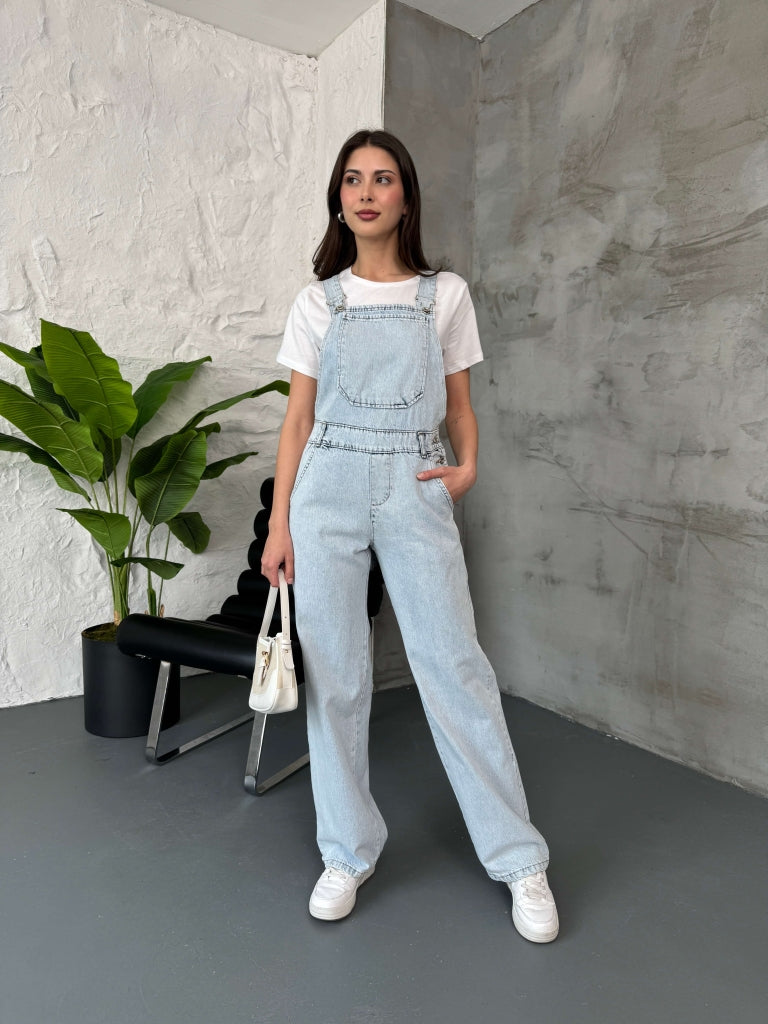 Buz Mavi Geniş Paça Denim Salopet