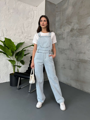 Buz Mavi Geniş Paça Denim Salopet