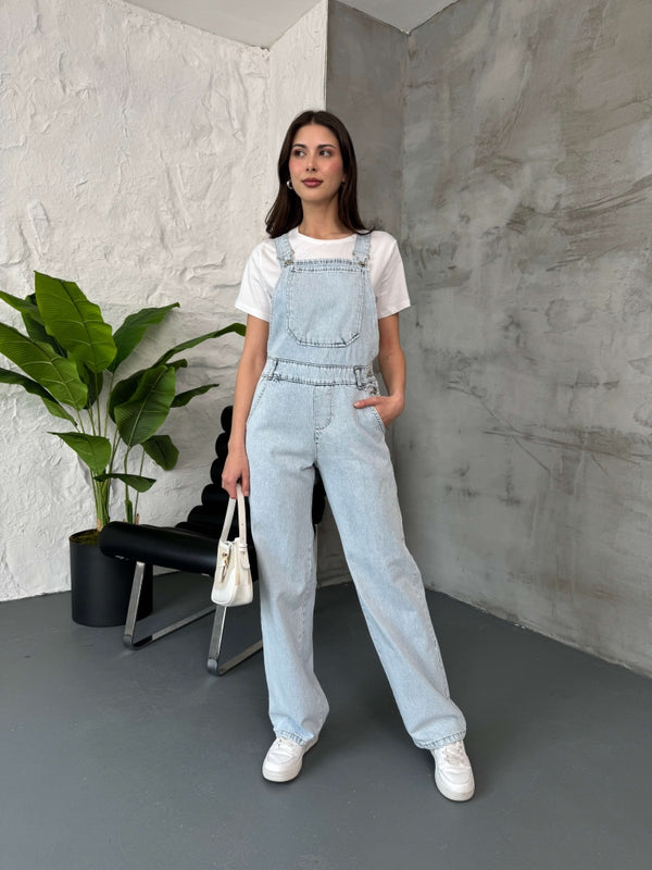 Buz Mavi Geniş Paça Denim Salopet