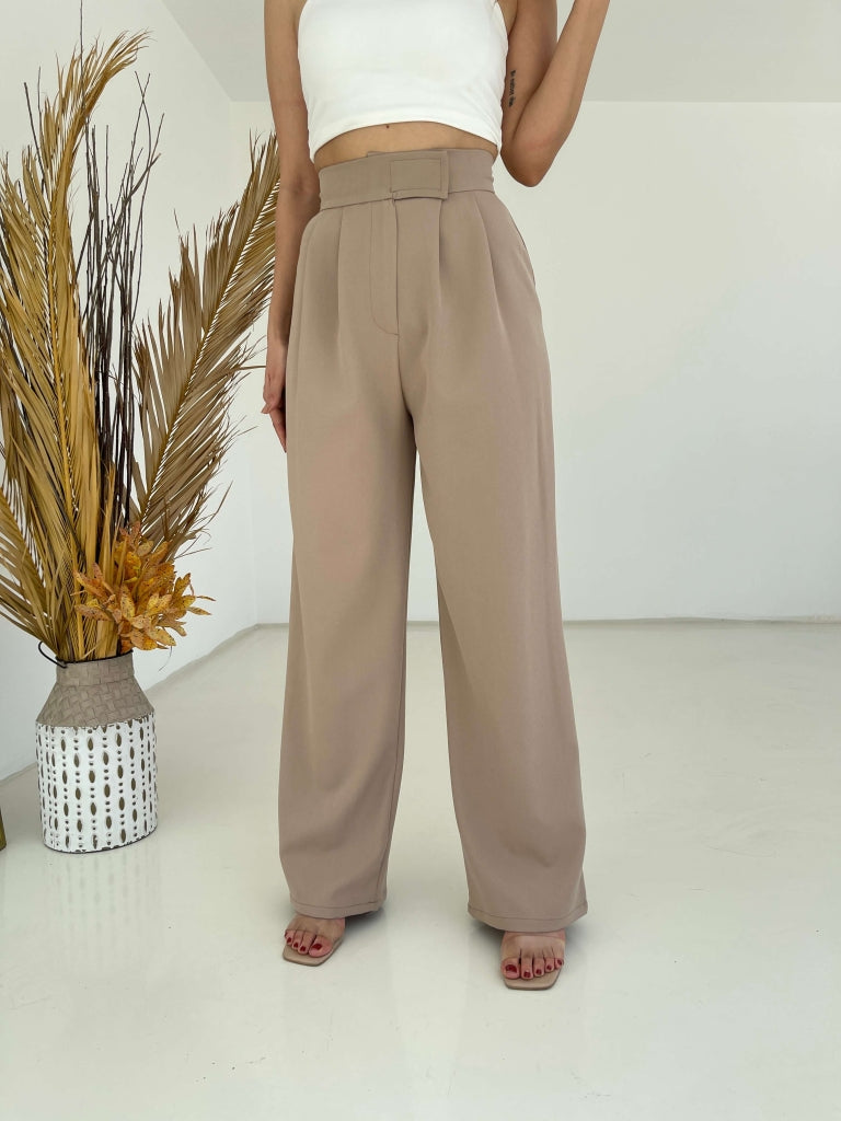 Camel Beli Pileli Tasarım Pantolon