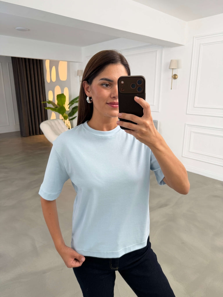 Bebe Mavi Bisiklet Yaka Basıc Tshirt 6597-Bebe Mavi