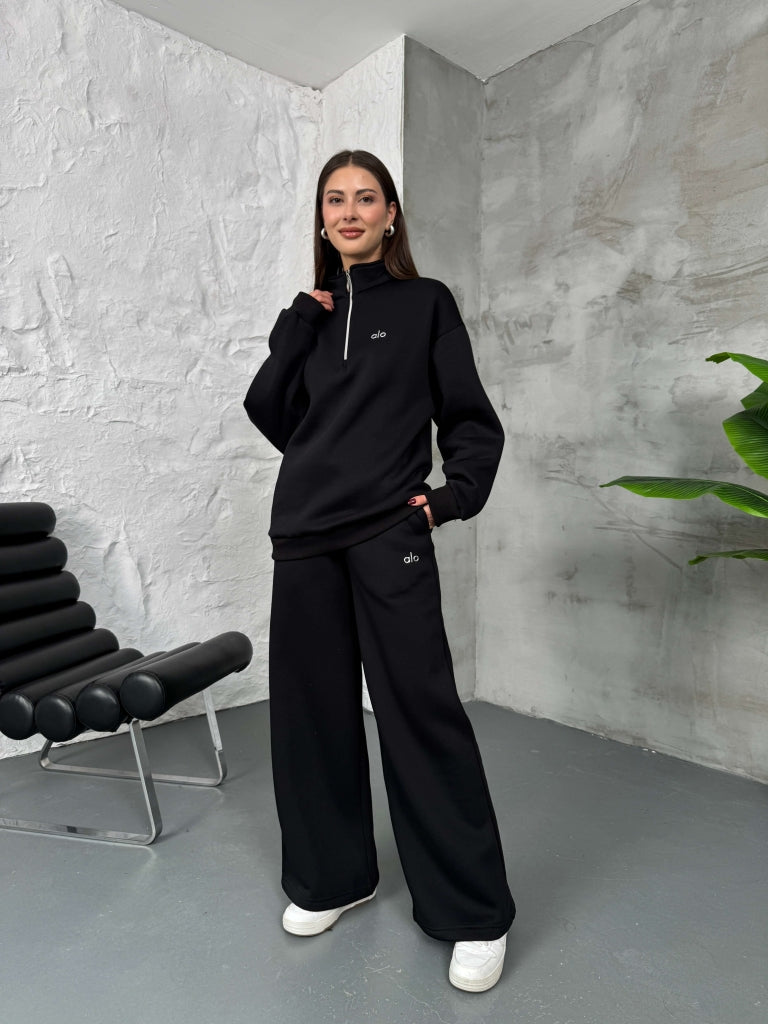 Siyah Yarım Fermuarlı Şardonlu Sweat Takım