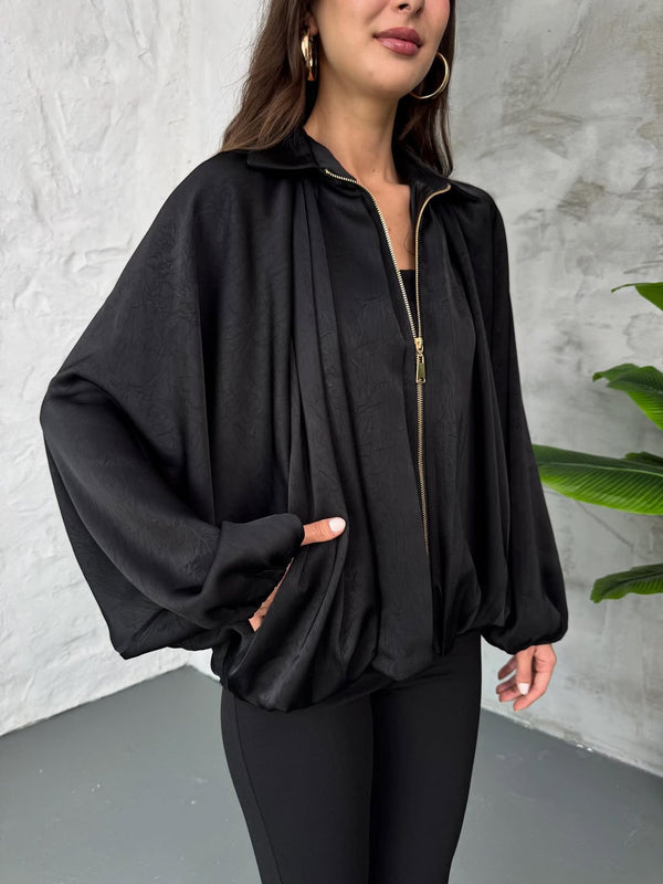 Siyah Ön Fermuarlı Bomber Saten Ceket 9584-SİYAH