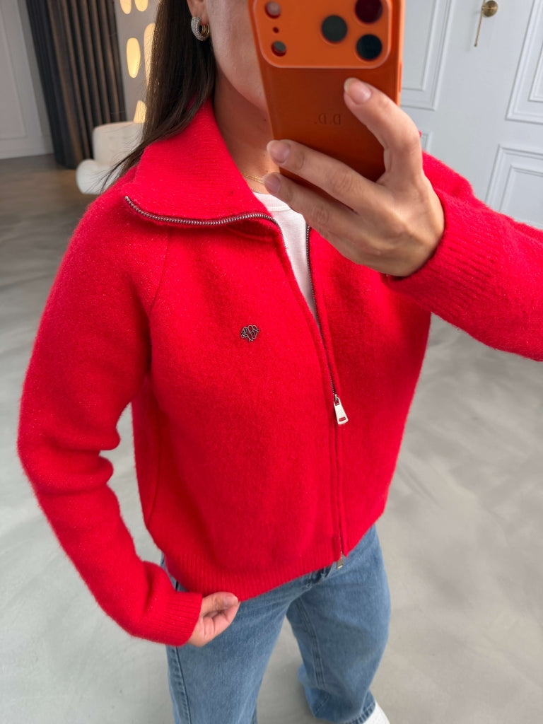 Kırmızı Mini Broşlu Fermuarlı Hırka 2622-Kırmızı