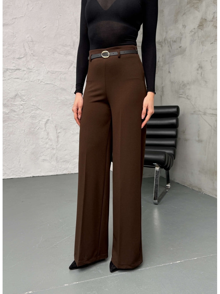 Kahverengi İnce Kemerli Bol Paça Pantolon 9150-Kahverengi