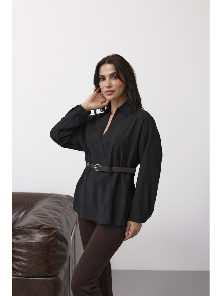 Siyah Bel Kemerli Gömlek 580747-Siyah