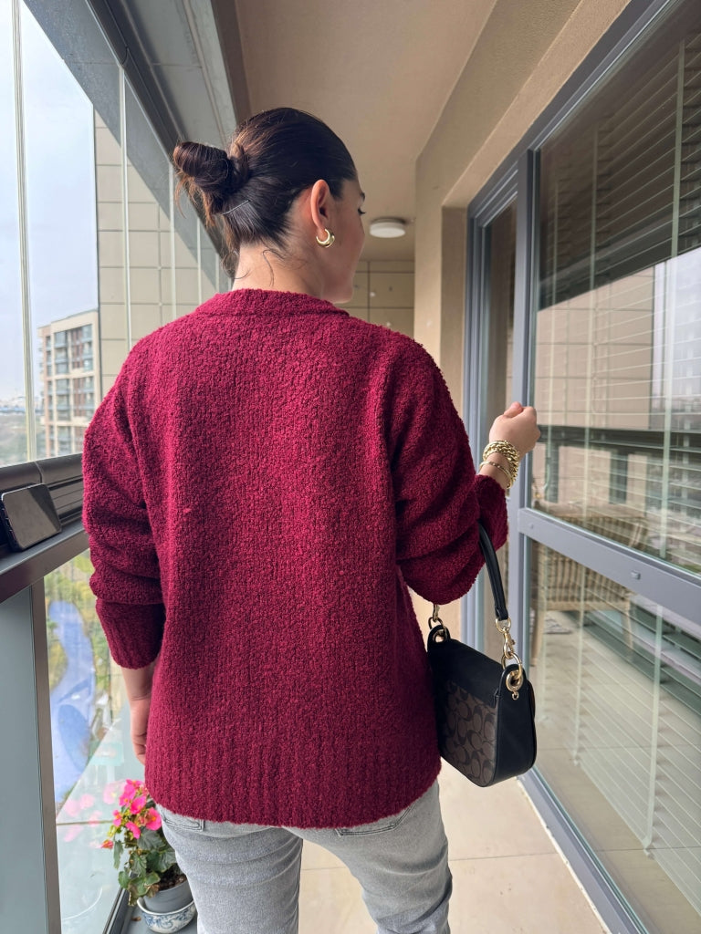 Bordo Yumoş Buklet Oversize Kazak