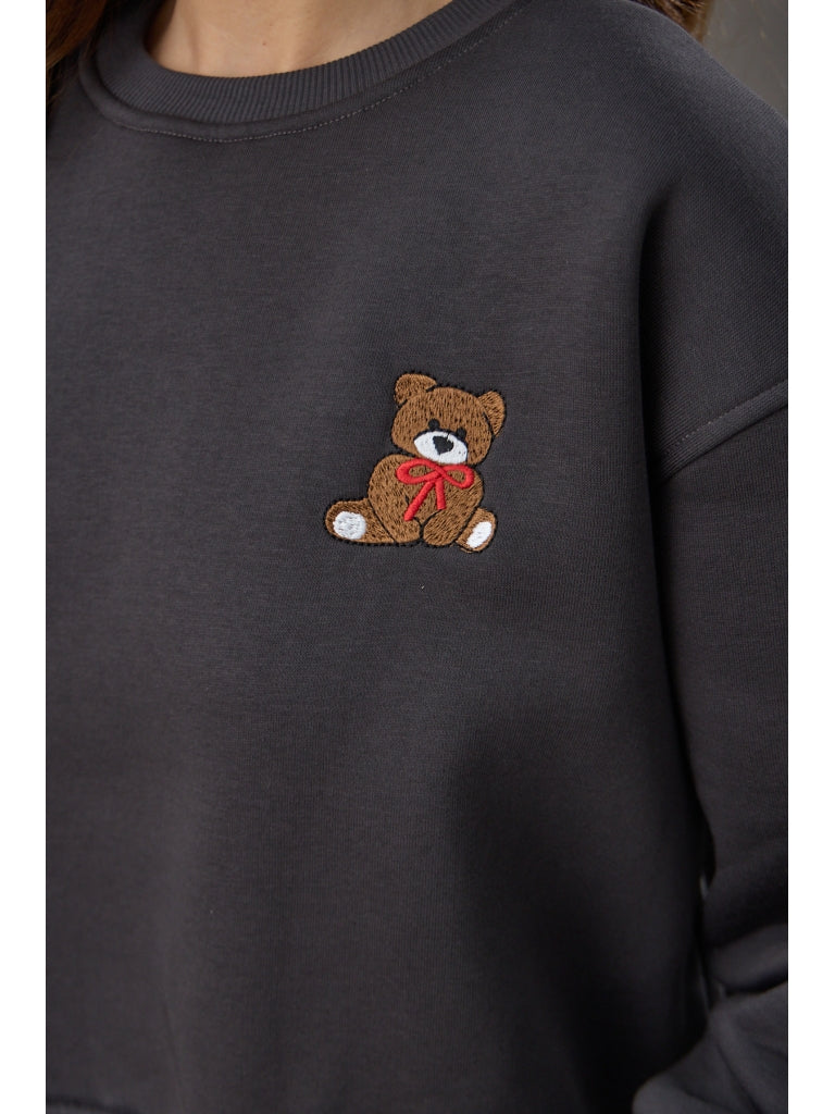 Antrasit Teddy Nakış Detaylı Sweat