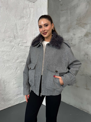 Gri Kaşe Yakası Kürklü Mont 580564-GRİ