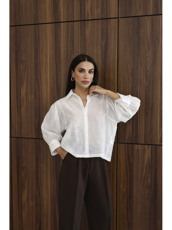 Ekru Çiçek Nakışlı Gömlek 8199-EKRU