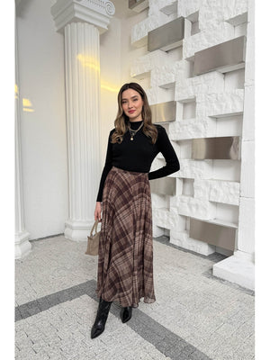 Kahverengi  Ekose Detaylı Şifon Etek 0613-Kahve