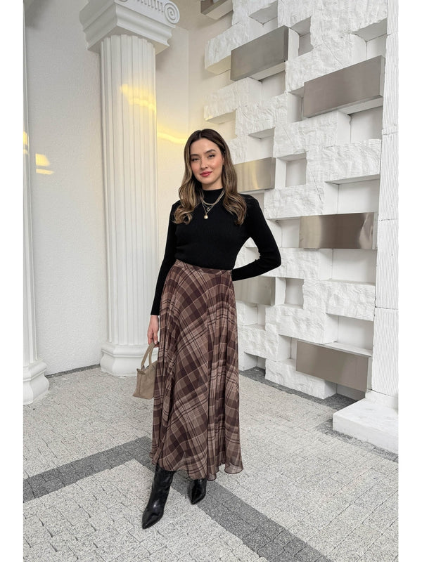 Kahverengi  Ekose Detaylı Şifon Etek 0613-Kahve