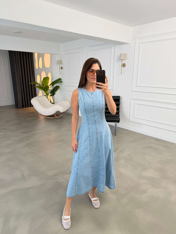 Mavi Dikiş Detaylı Jean Elbise 1029-Mavi