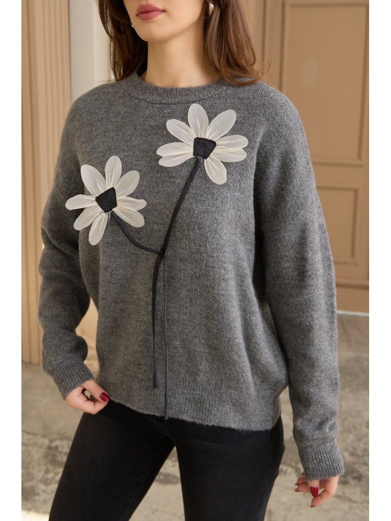 Gri Keten Çiçekli Oversize Kazak