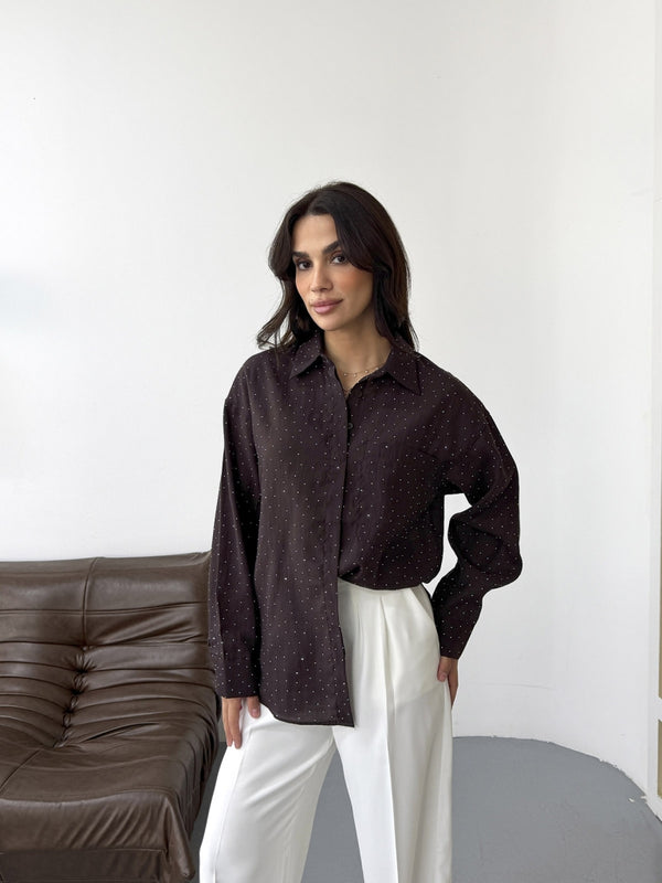 Acı Kahve Taş Baskılı Gömlek 8126-Acı Kahve