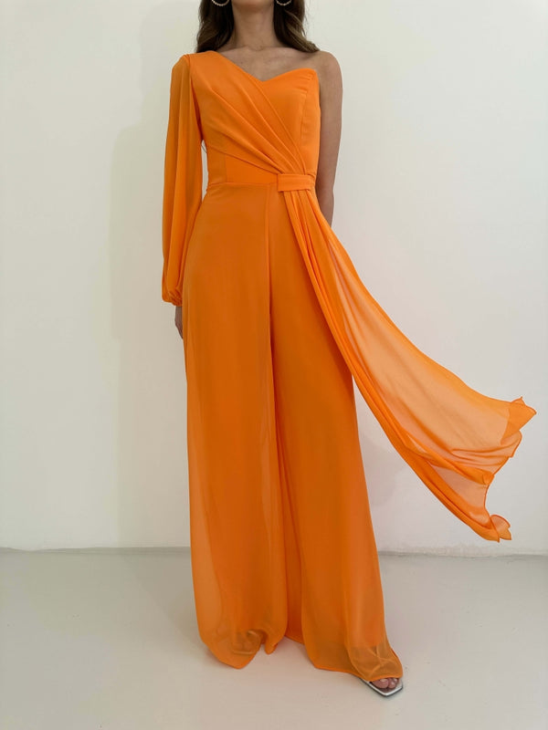 Orange Tek Omuz Abiye Tulum 1336-ORANGE