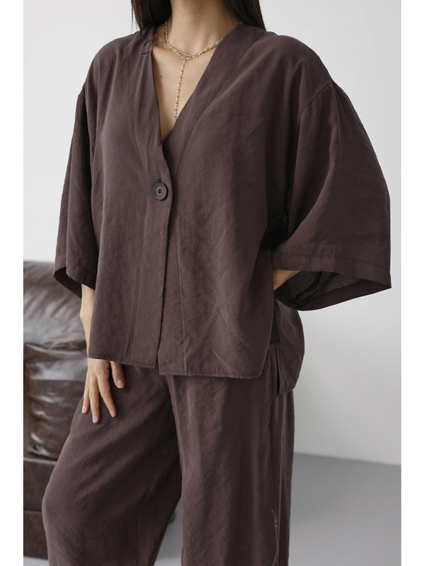 Koyu Kahverengi Tek Düğmeli Bluz Pantolon Takım 51189-Koyu Kahve