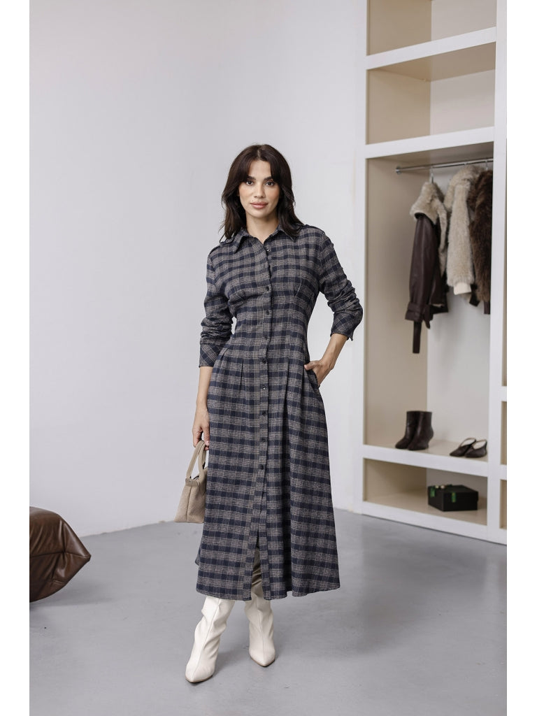 Vizon Lacivert Ekoseli Boydan Düğmeli Elbise 0745-Vizon