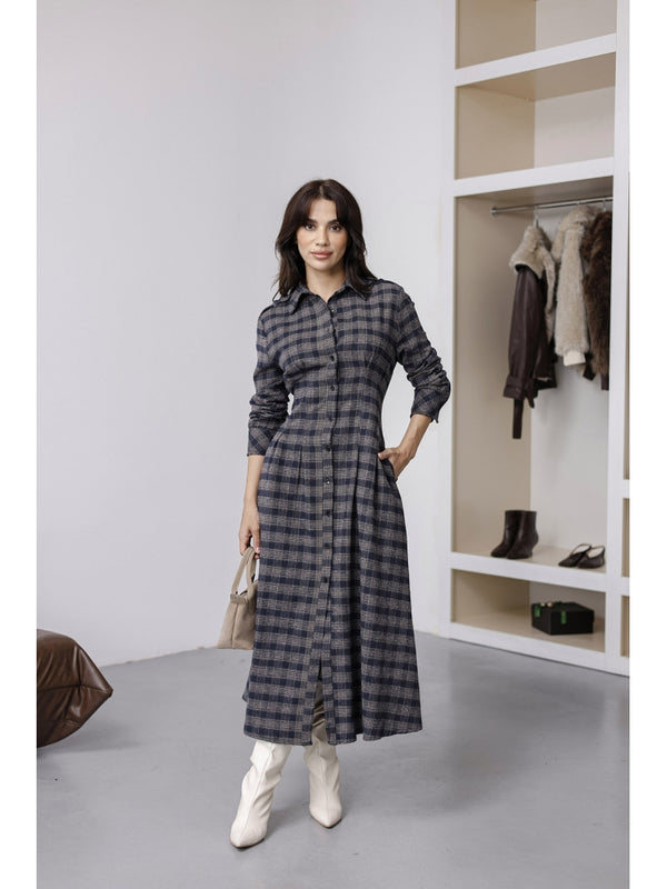 Vizon Lacivert Ekoseli Boydan Düğmeli Elbise 0745-Vizon