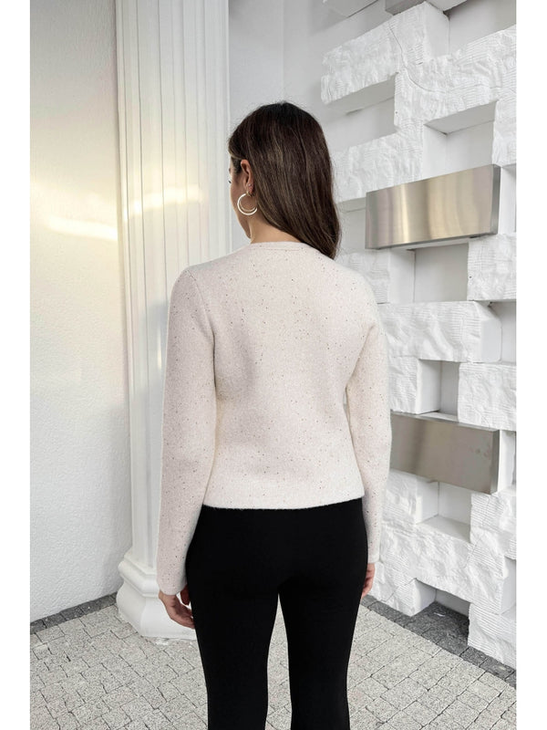 Dilvin Ekru Pullu Gold Düğmeli Triko Hırka 60935-Ekru