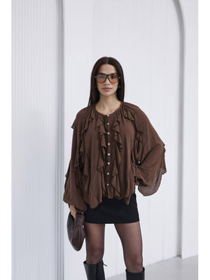 Kahve Katlı Volanlı Bluz 5025-Kahve