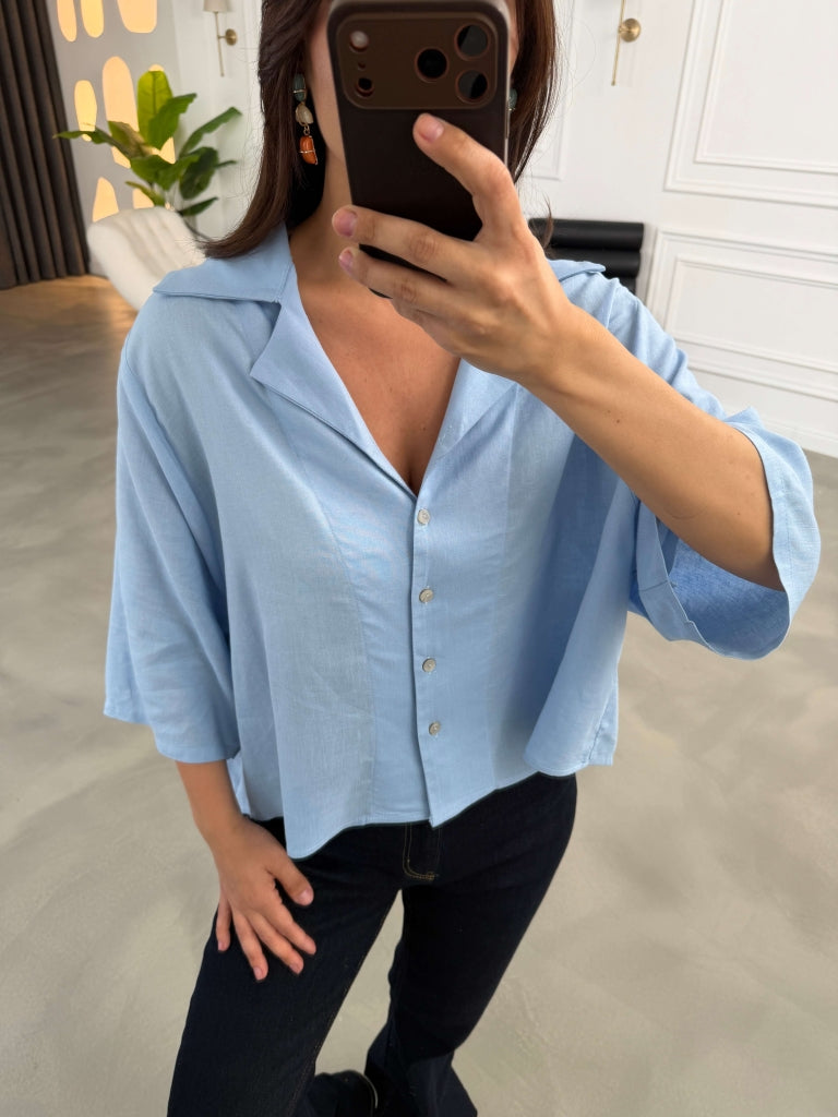 Bebe Mavi Oversize Keten Gömlek 4982-Bebe Mavi