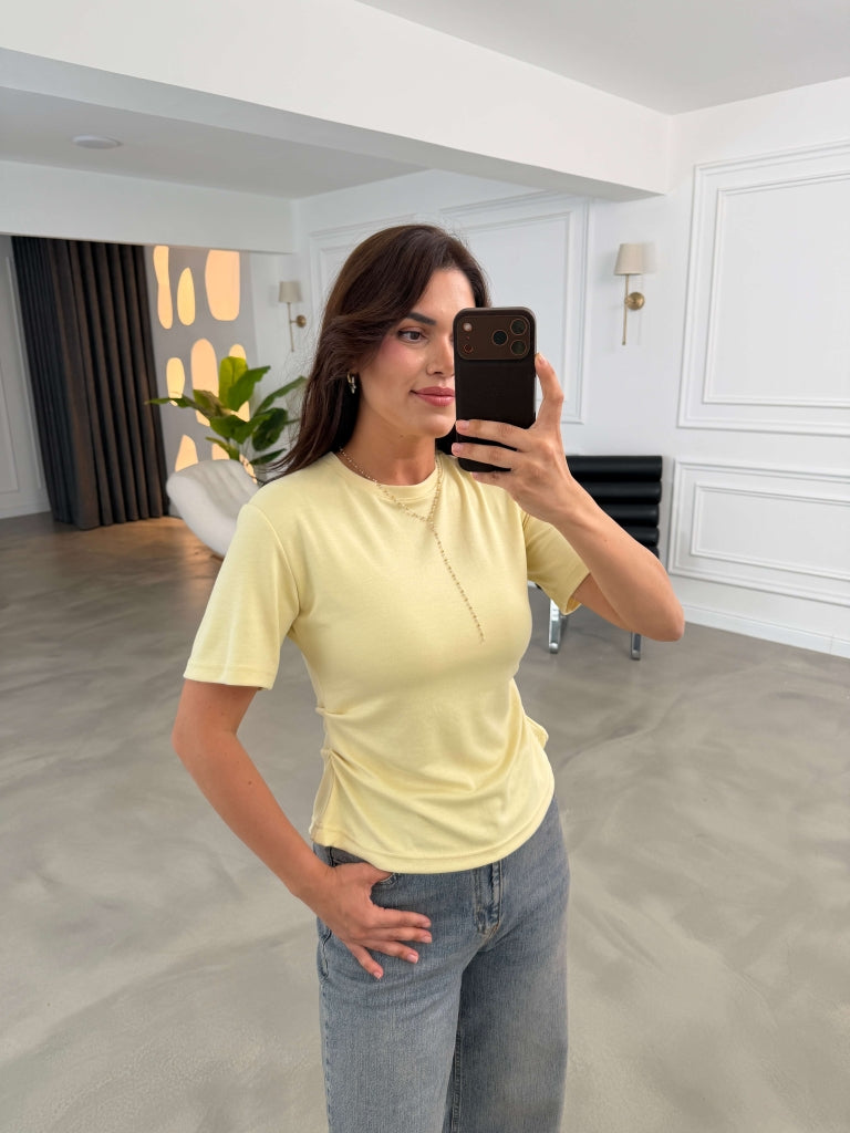 Sarı Yanları Büzgülü Tshirt 1395-Sarı
