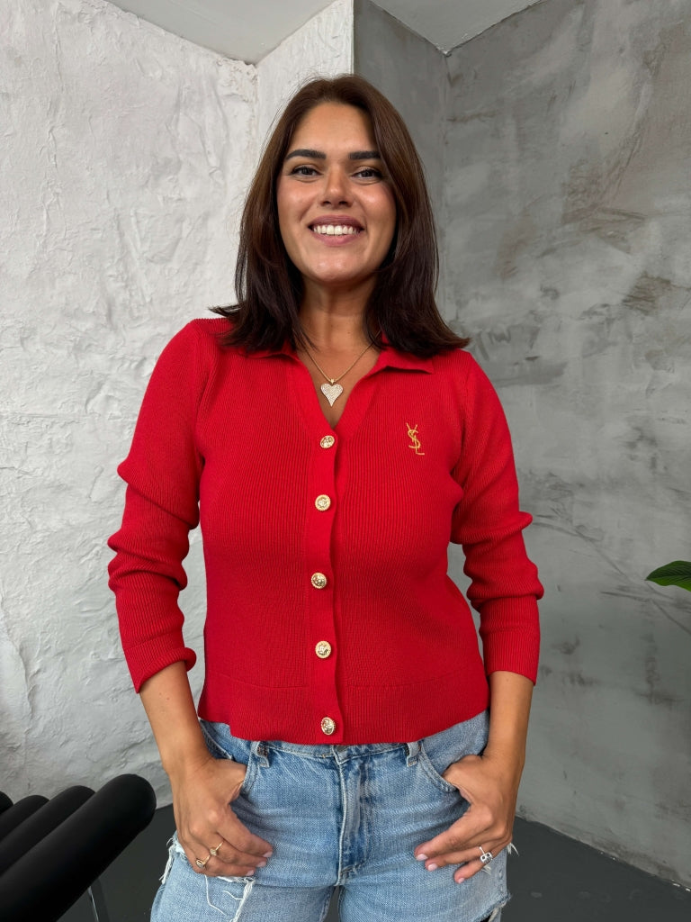 Kırmızı Gold Düğmeli Polo Yaka Hırka